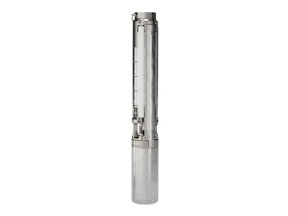 Stahlene Brunnenpumpe von Grundfos, vertikal mit einer glatten Oberfläche. Das Design zeigt einen nahtlosen Gehäuseaufbau ohne sichtbare Fugen oder Verbindungen.